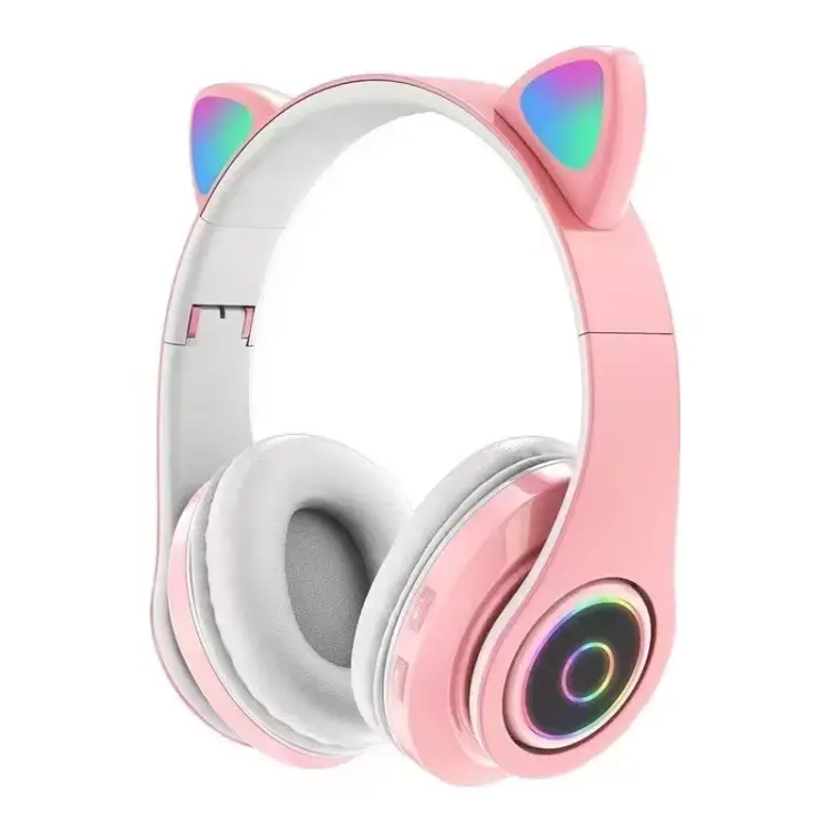 Wholesale Bluetooth Wireless Adjustable Headphones Headband Over On Ear Headset LED Light Cat Ear Earphone for Girls Gifts