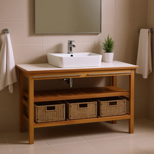 Solid <b>Wood</b> Teak Bathroom <b>Vanity</b> Cabinet 52x17.7x29.5 Inches With 3 Baskets Rustic Style Floor Standing - Product Image 2
