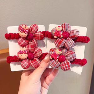 Best-selling new style red plaid flower hair <b>ring</b> children's autumn and winter head rope cute <b>cartoon</b> - Product Image 2