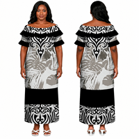 Pakaian Wanita Ukuran Besar Custom Plus Size Puletasi 2 Potong, Gaun Pulau Hawaii Polinesia Motif Bunga Hibiscus, Model Off Shoulder dengan Ruffle