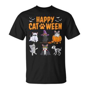 T-shirt Happy Catween Halloween, motif chaton mignon, design de costume effrayant, noir, unisexe, col rond, manches courtes - Product Image 1