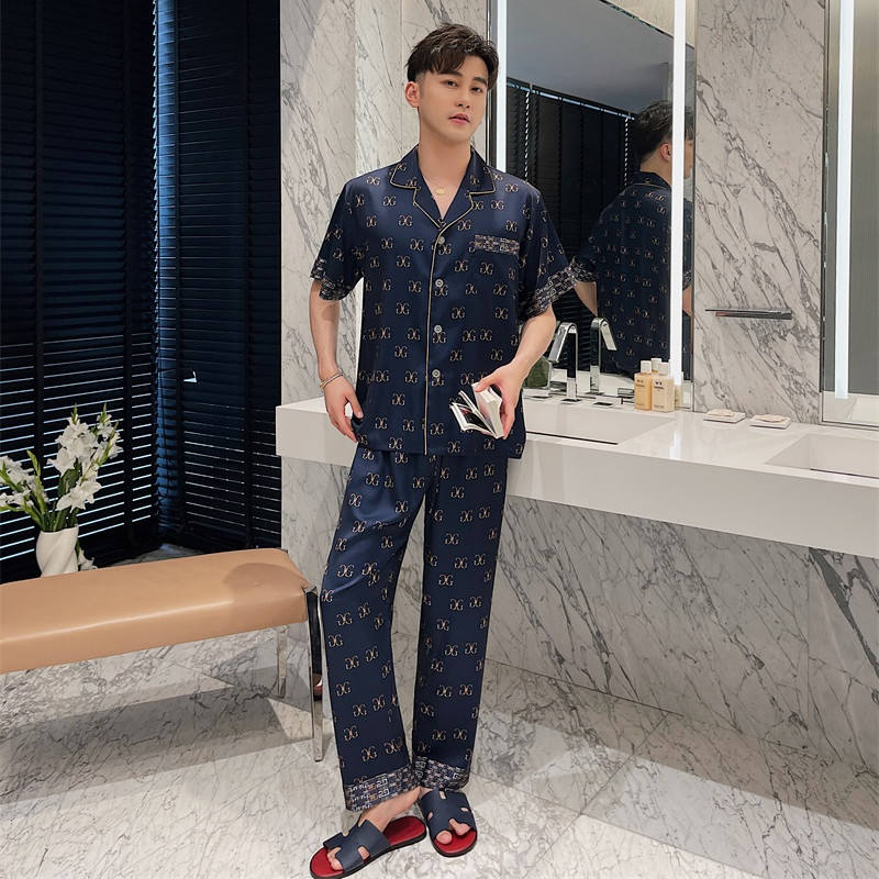 2022 Summer Men's Silk Satin Pajamas Short Sleeve Pants Night Suit Luxury  Silk Lapel Male Sleepwear Night Set Casual Home Wear