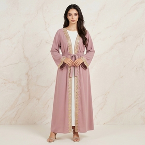 Abaya Abierta de Talla Grande para Mujer, Color Rosa, Poliéster, Bordada con Lentejuelas, Manga Larga, Vestido Maxi con Cinturón - Product Image 1