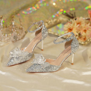 Zapatos de Novia con Punta en Pico, Tacón de Aguja, Correa en el Tobillo, Decoración Floral, Forro de Satén, Tacón Súper Alto de 8cm, Tendencia de Moda - Product Image 3