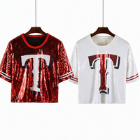 Atasan Jersey Kasual Wanita dengan Payet Berkilau untuk Baseball dan Sepak Bola, Tersedia Ukuran Pendek dan Panjang, Pengiriman Cepat untuk Texas