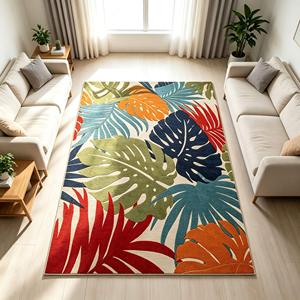 Alfombra de Hojas Tropicales Coloridas, Diseño de Palmeras en Crema, Alfombra de Lujo Suave y Lavable, Plegable, para Sala de Estar, Pasillo - Product Image 1