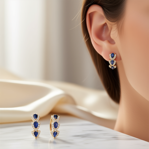 Pendientes de aro de oro de lujo E3756 con piedras de zafiro en forma de pera con engaste de garra para mujer, joyería fina para boda - Product Image 2