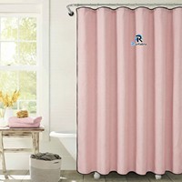 Rideau de salle de bain rose poudré à bords ondulés, en faux lin polyester, ensemble de rideaux de bain en tissu hydrofuge avec crochets, personnalisable OEM