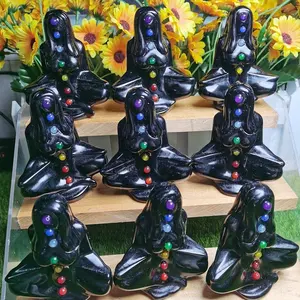 Vente en gros de femme de yoga en obsidienne noire sculpture sur cristal pour femmes avec 7 chakras pour la méditation