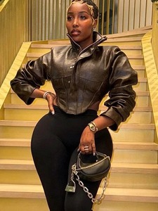 OFTBUY <strong>Women</strong> Clothing Leather Solid <strong>Waist</strong> Cinching Leather Jacket <strong>Women</strong> PU <strong>Coats</strong> Full Sleeve Faux Leather Jacket Ladies Spring - Product Image 2