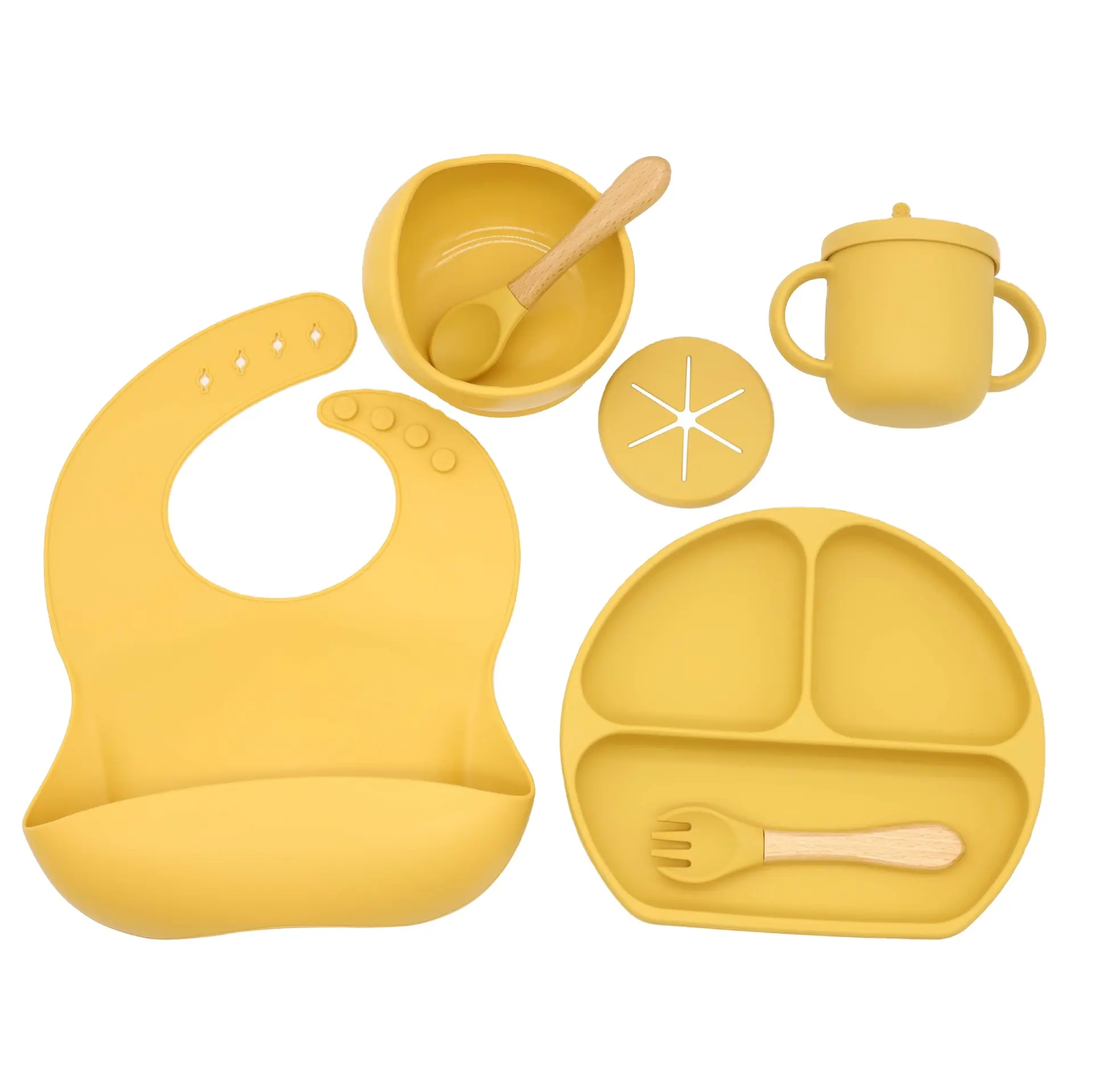 Food Safe Fashion Baby Toddler Kids Feeding Plate Set Silicone Bib Mold Plates Bowls Spoons Eating Utensils For Toddler