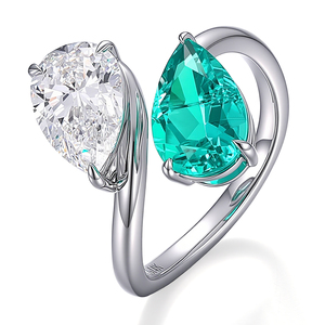 Bague en or blanc véritable avec deux pierres, diamant de laboratoire taille poire et émeraude de laboratoire, fabrication sur mesure Provence Jewelry, cadeau pour petite amie - Product Image 3