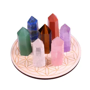 Wooden Plate Set for Meditation Decoration Crystal Kit Natural 7 Chakra Gemstone Wand Flower of Life Home Decoration Gift Box