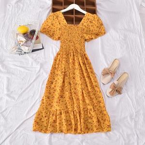 Nouvelle Robe d'été style coréen rétro polyvalente à col carré, imprimé floral, taille cintrée, effet amincissant, ourlet à volants, coupe <span class=keywords><strong>Empire</strong></span> et ligne A - Product Image 3