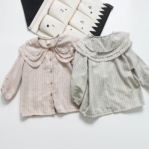 Chemise en lin à manches longues pour filles, rayures, col rabattu, chemisier en lin pour enfants, vêtements de printemps et d'automne pour filles, haut en lin - Product Image 1