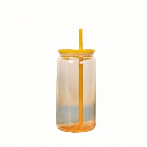 Vaso de vidrio transparente AGH de 16 oz con diseño de rayas, tapa de plástico de colores y pajita, taza de sublimación para niños y camping - Product Image 1