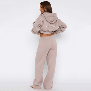 Set 2 Pezzi OEM da Donna: <span class=keywords><strong>Felpa</strong></span> Corta <span class=keywords><strong>con</strong></span> <span class=keywords><strong>Zip</strong></span> e Pantaloni Larghi <span class=keywords><strong>in</strong></span> <span class=keywords><strong>Felpa</strong></span> Pesante 380GSM <span class=keywords><strong>in</strong></span> Cotone Felpato - Vendita all'Ingrosso - Product Image 3