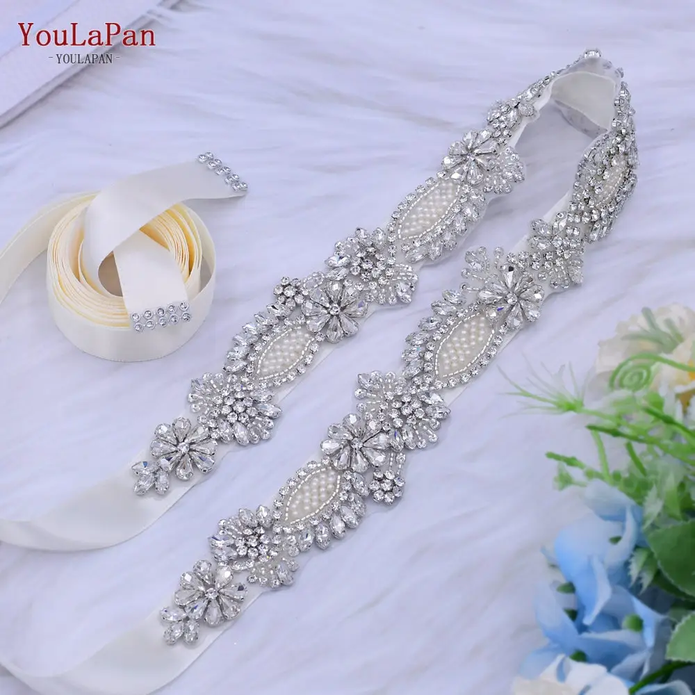 YouLaPan S481 Pop Women Dress Belt Sash Silver Rhinestone Pearl Sewable Clothes Applique Bridal Wedding Dress Waist Accessories