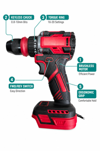 Taladro Inalámbrico sin Escobillas <span class=keywords><strong>de</strong></span> 10 mm con Portabrocas sin Llave y Ajustes <span class=keywords><strong>de</strong></span> Torque, Alimentado por Batería <span class=keywords><strong>de</strong></span> Litio para Madera y Metal - Product Image 4