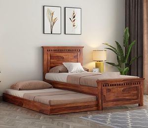 Lit simple en bois de sheesham massif de qualité supérieure avec lit gigogne intégré, finition noyer miel naturel, collection prix de gros - Product Image 5