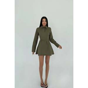 Robe évasée kaki Herda élégante vintage de haute qualité à motif uni taille XL coupe Empire dos nu longueur ras du sol pour fête de jour 2 pièces - Product Image 3