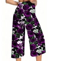 Pantalon Capri de Yoga Taille Haute pour Femme, Imprimé Floral Rose Violet Foncé, avec Cordon de Serrage, Coupe Large Artistique, Idéal pour l'Été