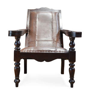Sillón de madera de teca, con un auténtico diseño colonial holandés del principios del siglo XX y lujoso cuero marrón. - Product Image 2