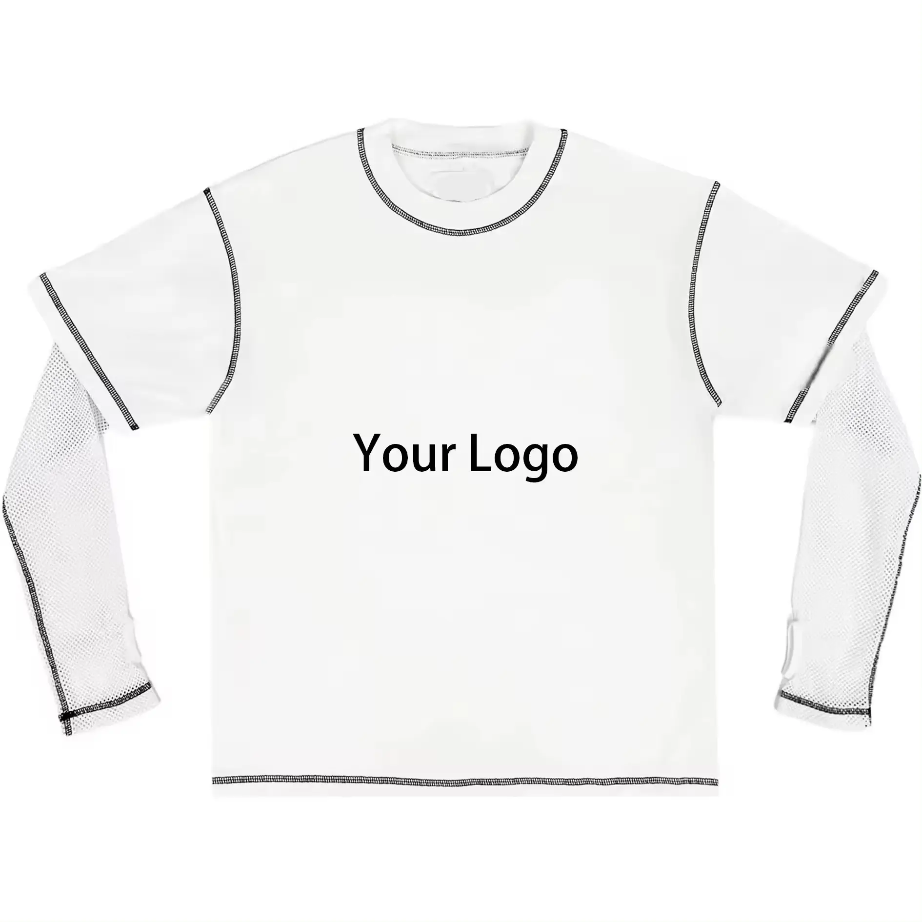 사용자 정의 로고 메쉬 긴 소매 스티치 티셔츠 남자 스트리트웨어 100 면 더블 레이어 소매 남자의 프린트 티셔츠
