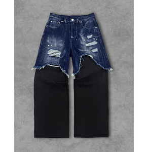 Pantalon en jean superposé 2-en-1 pour homme 2026, déchiré et vieilli, coupe large, noir, style Y2K Streetwear, direct usine - Product Image 1
