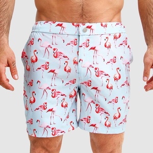 Shorts pour hommes en lin, décontractés, coupe classique et ajustée, taille mi-haute élastique, entrejambe de 5 pouces, à enfiler, imprimé flamant rose, pour l'été et la plage - Product Image 4