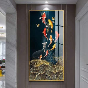 Tranh Nghệ Thuật Treo Tường Phong Cảnh Koi Trung Quốc Tranh Sứ Pha Lê Kim Cương Tranh In Hình Cá Chín Con May Mắn (24x48in) Khung Hợp Kim Nhôm - Product Image 1