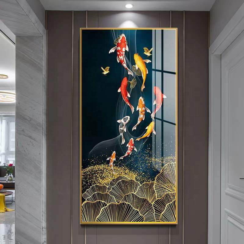 空間を彩る、美しい9匹のコイの絵画アート作品