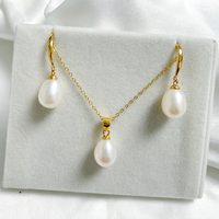 Ensemble de bijoux en argent 925 plaqué or avec perles d'eau douce en forme de riz, boucles d'oreilles pendantes et collier, unisexe, qualité AAA, vente en gros