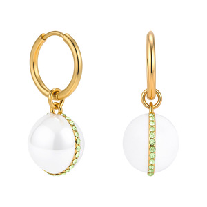 Pearl Drop Earrings Gold Hoop With Green Gemstone Inlay Everyday Wear - Product Image 5