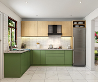 Gabinetes de Cocina Modernos en Verde Salvia, Estilo Nórdico, en Forma de L, Módulos de Cocina con Gabinetes de Pared con Acabado de Madera