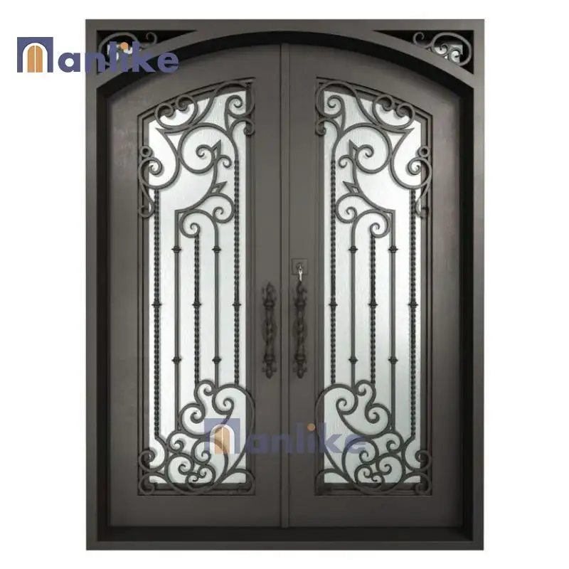 Porta de ferro forjado dupla luxuosa de estilo europeu para villa, porta de metal com isolamento principal e exterior, preto