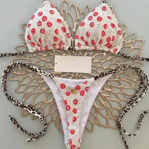 Swimwear Women Cute Cherry Print Brazilian Thong Bikini Set Sexy Thong Swimsuit Two Pieces Bathing Suit Women Beach Wear