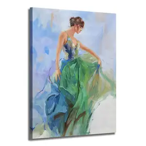 Original Art Modern Flamenco Spanish Green Lady Portrait Dancing Women Oil Painting On Canvas For Home Wall Decor