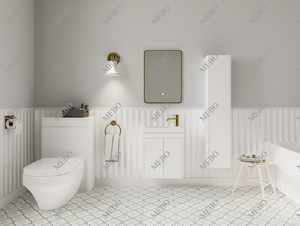 Ensemble de meuble-lavabo mural blanc <span class=keywords><strong>MEBO</strong></span> pour petite salle de bain, avec double porte, armoire latérale haute assortie et lavabo intégré en résine - Product Image 3