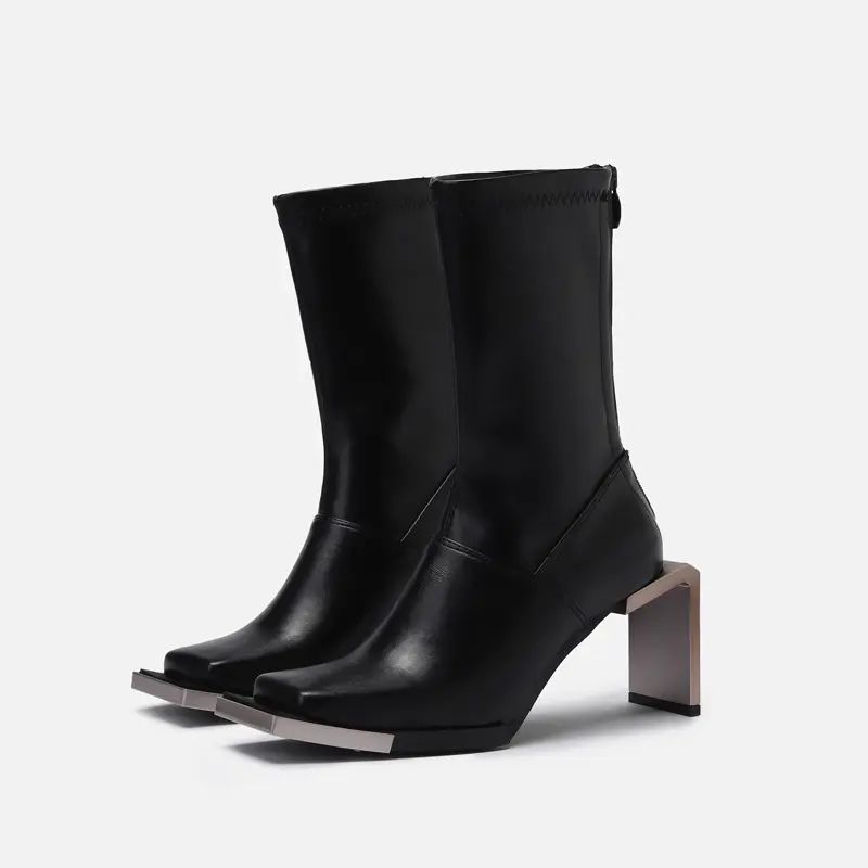 Stivaletti neri in metallo con punta in ferro da donna 2023 nuovi stivali alla moda con punta quadrata skinny con tacco alto per donna