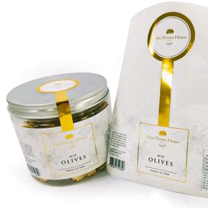 Etiqueta Rectangular para Tarro de Aceitunas Pata Negra House Mix, con Sello Dorado, Adhesivo de Papel, Producto de España, Código de Barras - Product Image 1