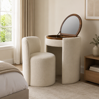 Ensemble de coiffeuse en tissu ivoire avec chaise et miroir rabattable, table de maquillage ronde, station de maquillage pour chambre à coucher