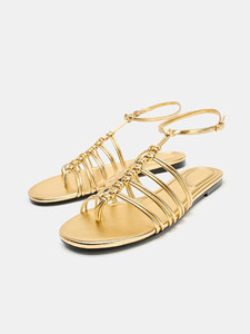 ZA Spring Summer New Golden High-grade Woven Foot Backpack Strap Roman Sandals Bohemian Slide-heel <strong>Flats</strong> Solid Color Low Heel - Product Image 3