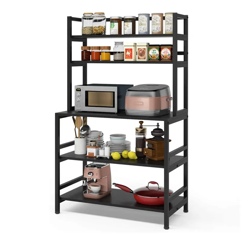 5-Tier Kitchen Bakers Rack with Hutch Industrial Microwave Oven Stand, Free Standing Kitchen Utility Cart Storage Shelf Organiz