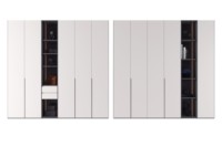 Solution d'armoires pour entrepreneurs : Dressing moderne gris clair avec armoire en verre, miroir rond, meuble de toilette et panneau perforé multi-rangements
