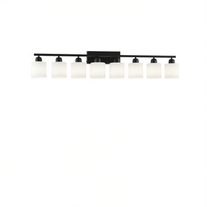 Lampada da bagno moderna a 8 luci, nero opaco, 52 pollici, a LED, da parete, con paralume in vetro smerigliato bianco, per camera da letto e soggiorno - Product Image 1