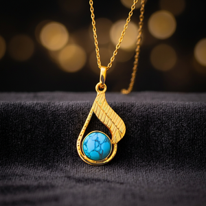 Collar con Colgante de Gota de Agua en Latón Chapado en Oro con Bisel de Turquesa y Cadena Figaro, Joyería Clásica Vintage Unisex - Product Image 4