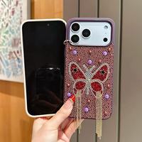 Étui de téléphone personnalisé de luxe pour banquet, avec pompon papillon et diamants, protection intégrale anti-chute