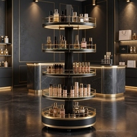 Présentoir Rotatif Noir et Or pour Cosmétiques, Étagère Circulaire en Verre avec Éclairage LED sur le Bord, Carrousel pour Boutique de Beauté