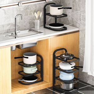 Estante para ollas de acero inoxidable, organizador de almacenamiento plegable de varias capas para cocina, debajo del gabinete del fregadero, tipo rectangular duradero - Product Image 1